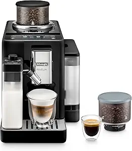 De\\\'Longhi Rivelia Automatic Espresso Machine with Grinder & Milk Frother – All-in-One Coffee Maker, Hot & Iced Latte, Cappuccino, Bean Switch System, Burr Grinder, Compact Italian Design, Black